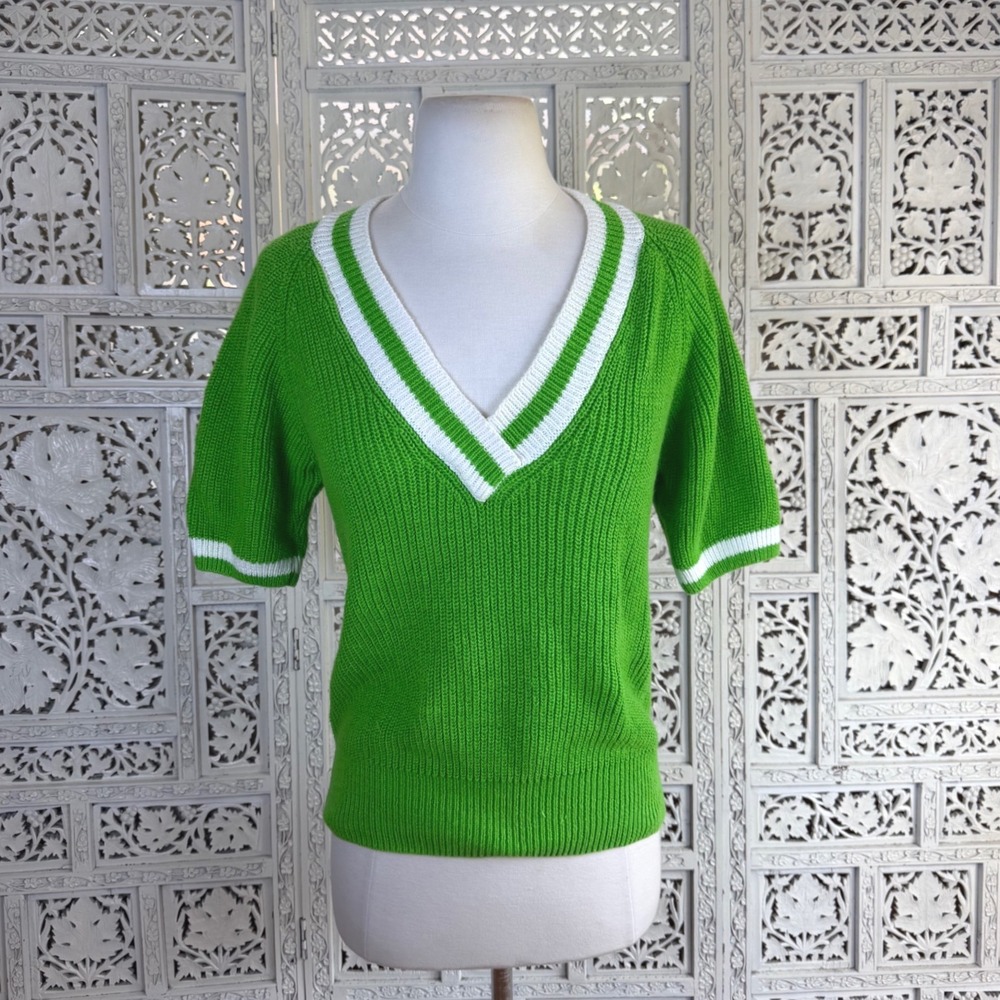 Vtg 80's Green Striped V Neck Golf Sweater Womens Medium Preppy Retro Twee